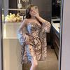 Summer Sexy Pajamas Women's Ice Silk Thin Style with Chest Pad Imitation Silk European and American Leopard Print Swing Collar Suspender Nightdress Tw