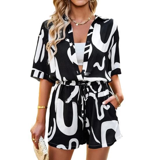 2 pezzi/set camicia da donna pantaloncini set colore abbinato stampa bavero sciolto monopetto manica corta coulisse vita elastica casual top pantaloncini set