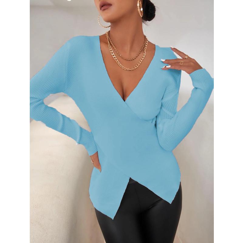 Damen Pullover, modisch, schlank, lässig, einfarbig, langärmelig, V-Ausschnitt, Wickeloptik, gerippter Strickpullover