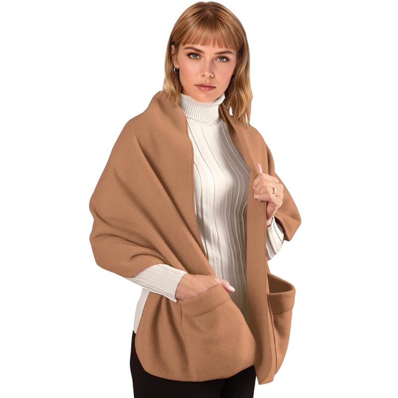 Unisex Thick Fleece Scarf Cape with Pockets - Warm, Solid Color, Wearable Shawl