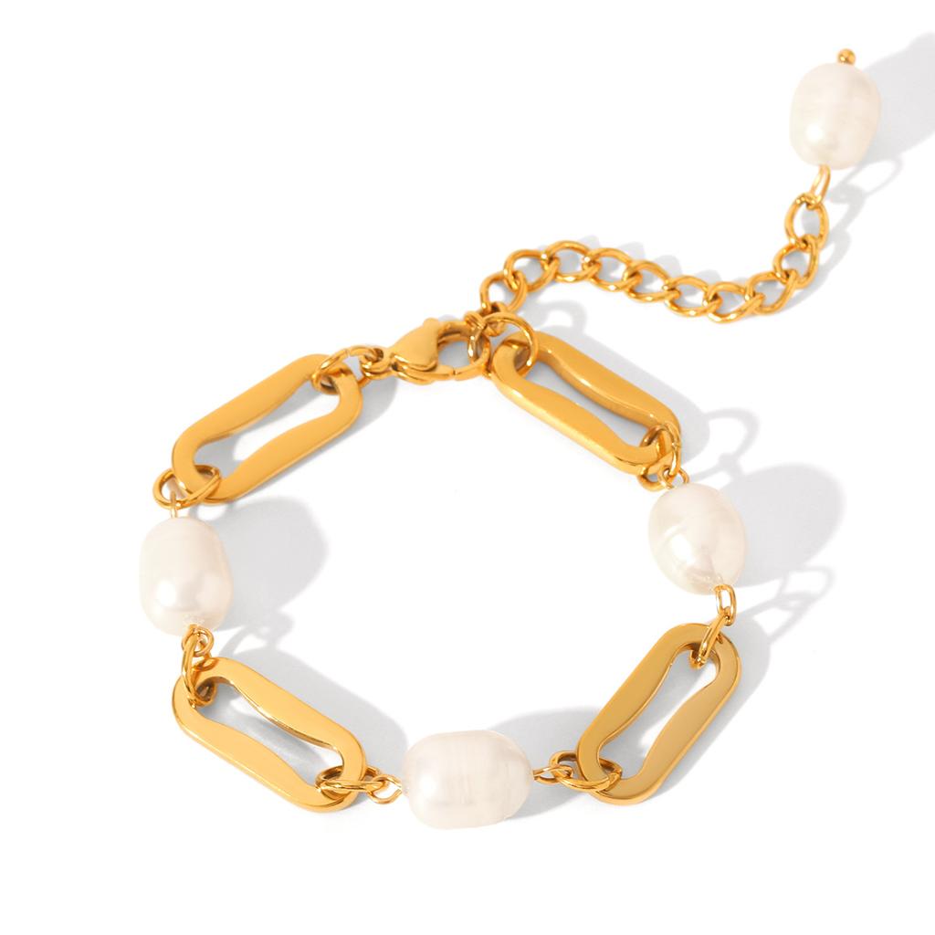 Simple Paper Clip Chain Freshwater Pearl Bracelet Fashion Gold Jewelry Long Lasting
