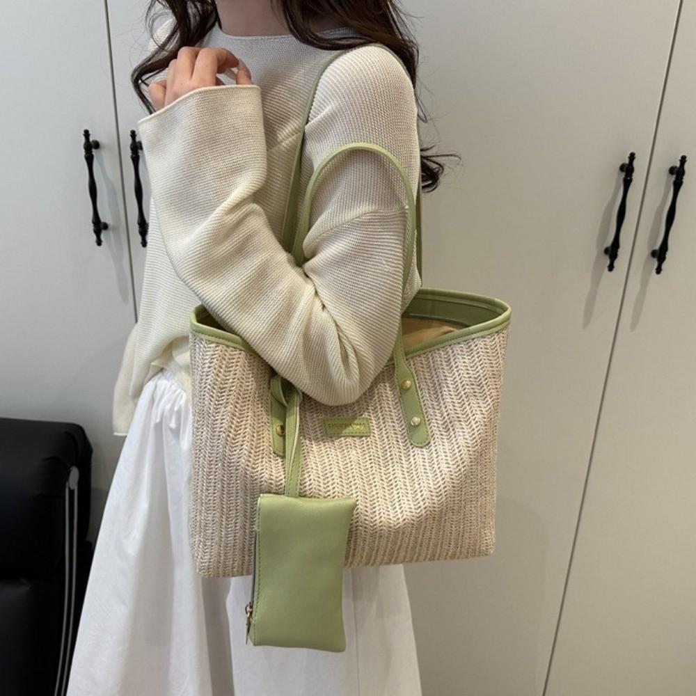 PU Weave Tote Bag Solid Color Beach Straw Handbag Simple Straw Shoulder Bag  Women