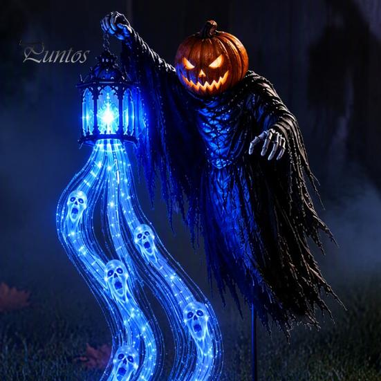 Festive Patio Lighted Displays Halloween Soul Harvester Solar Garden Stake Light, Animated Ghost Lantern with Reaper Yard Art Flowing LED Eyes,