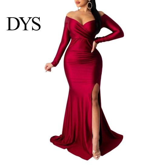 Slim Fit Dress Lady Evening V Neck Off Shoulder Side Slit Floor Length Long Ball Gown Sleeves Pleated Maxi Banquet Party Solid Color