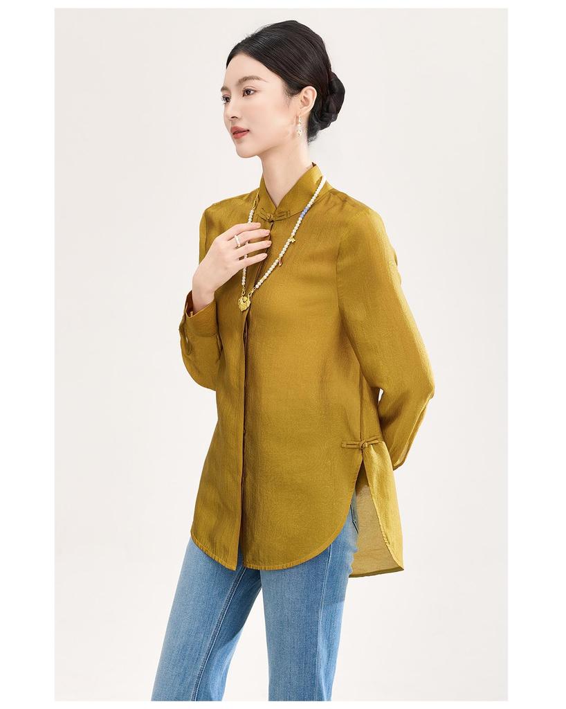 High-End Women's Silk Jacquard Frog Button Zen Shirt - Chinese Style Tea Ceremony Top for Spring