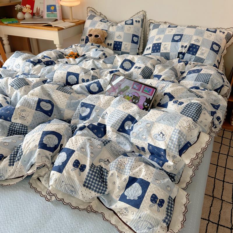 Korean French Style Hollow Lace Puff Cotton Bedding Set, Girly Duvet Cover - Available As 4-Piece or 3-Piece Set