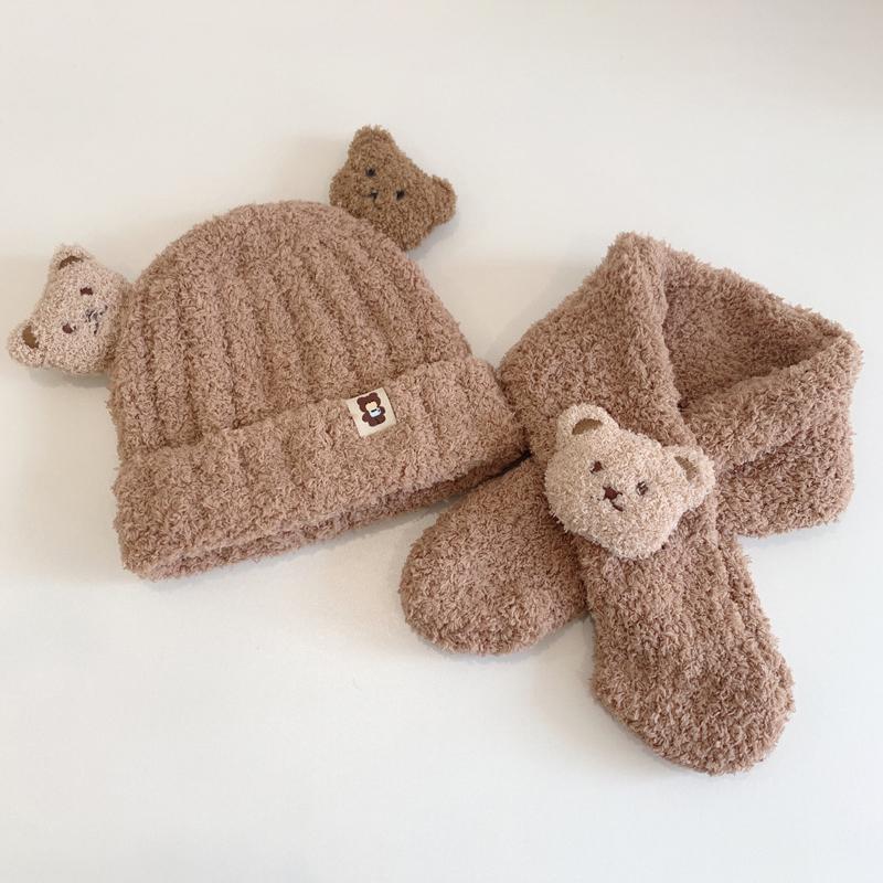 Baby Hat Scarf For Girls Boys Winter Warm Set Cartoon Bear Cold-Proof Clothing For Kids Children Stuff Brimless Cap Scarf