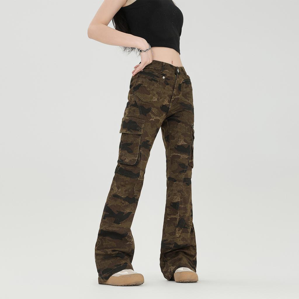 Ladies' American Vintage Camouflage Micro Flared Work Pants, Retro Trendy Brand Slim Fit Camouflage Work Pants
