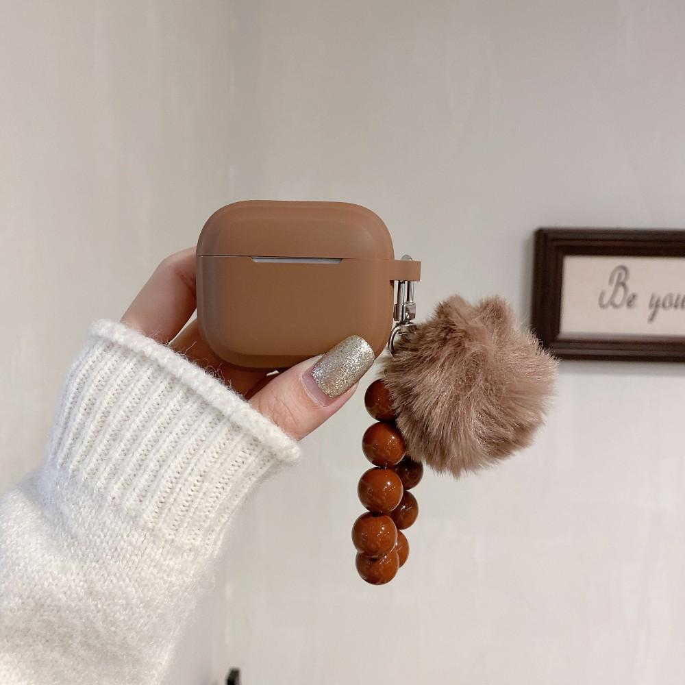 For Apple AirPods Pro 3 Case Milk tea Caramel Black Colour For AirPods 4 3 2 1 Pro2 Pro Headphones Shell With Fur BallBead Chain