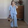 Spring/Summer Sweet Solid Color Set Pure Cotton V-neck Top Bubble Short Sleeve Pants 2-piece Set