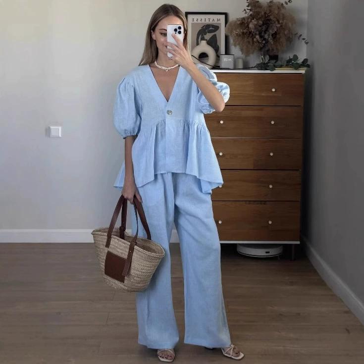 Spring/Summer Sweet Solid Color Set Pure Cotton V-neck Top Bubble Short Sleeve Pants 2-piece Set