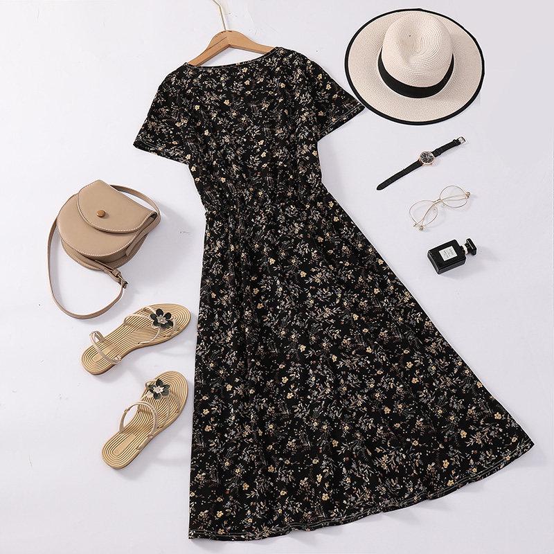 Southeast Asia Elegant Short-Sleeve Mid-Length Dress for Middle-Aged Moms M черный цветочный