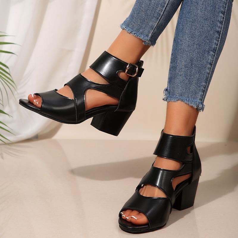 Fashion Large Size 36-43 Elegant Short Chunky Platform Sandals Women Summer 2025 Black Leather High Heel Sandals Office Women's Shoes