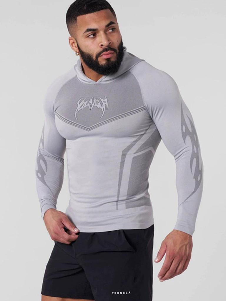 YOUNGLA Men's Tight Hooded Quick-Dry Long Sleeve T-shirt for Running, Sports, Fitness, and Training