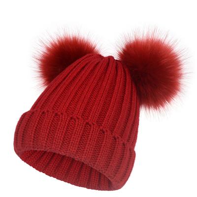 Kids / Adult 2 Layers Autumn Winter New Hat Women's Double Ball Hat Yarn Hat Imitation Fox Fur Ball Hat Keeps Warm Knitted Hat