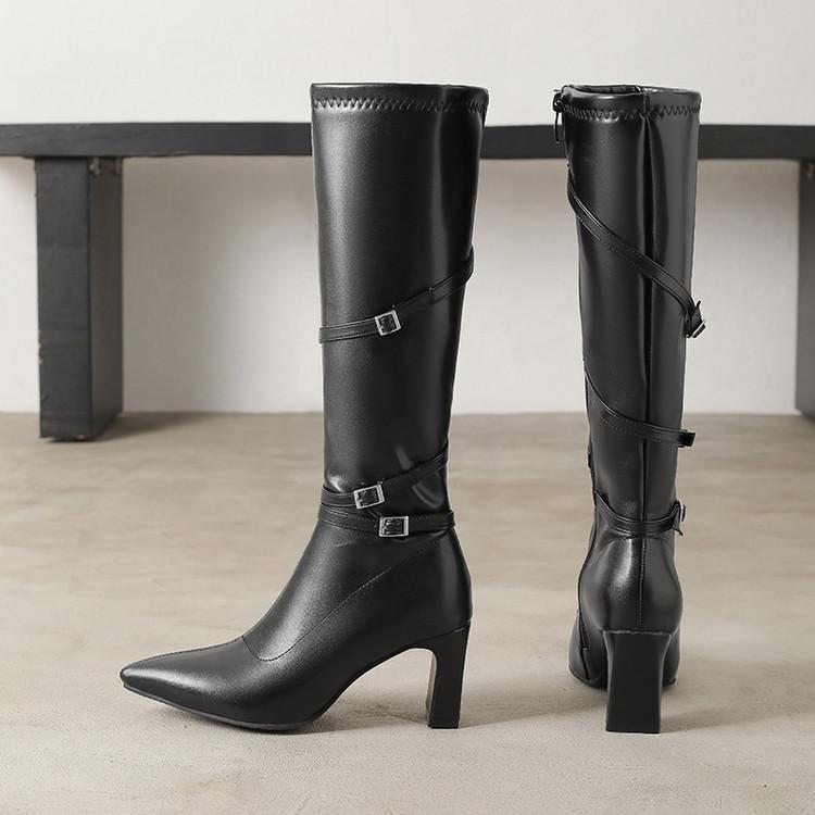 White Thick Heel High Heel Boots Women's European and American Patent Leather Thick Heel Square Head Belt Buckle Knight Boots But Knee Fashion Boots