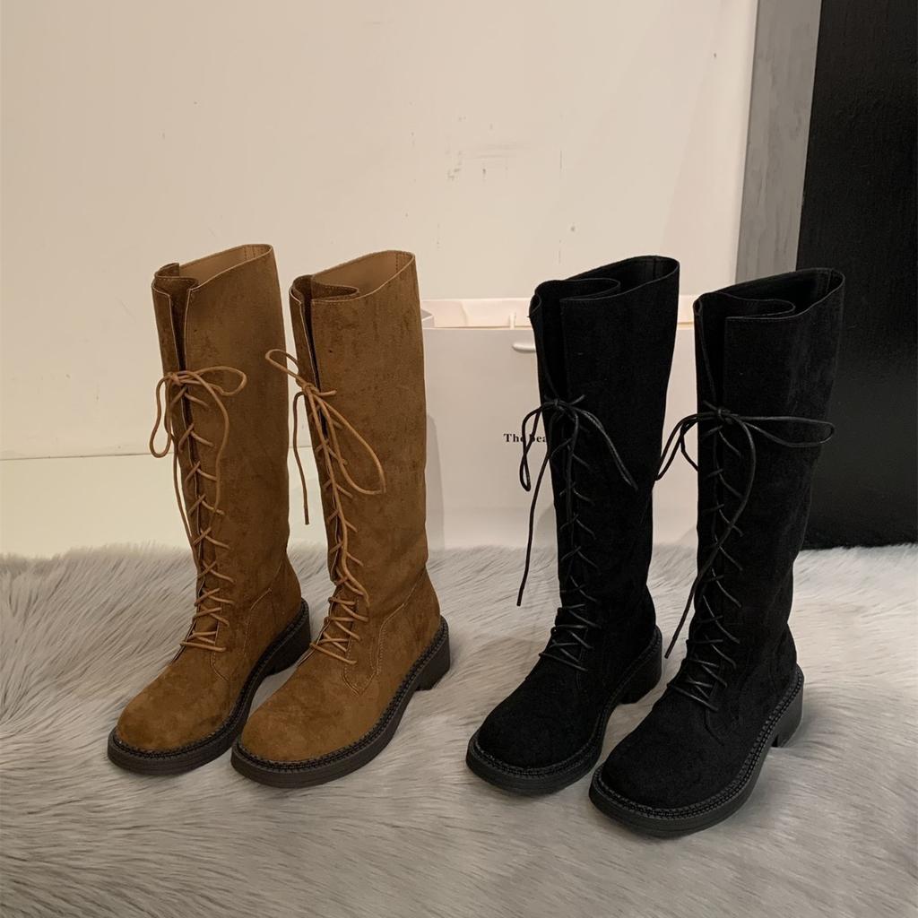 Retro style lace-up stacked high boots for women's new autumn and winter versatile round head thick heel but knee boots for children