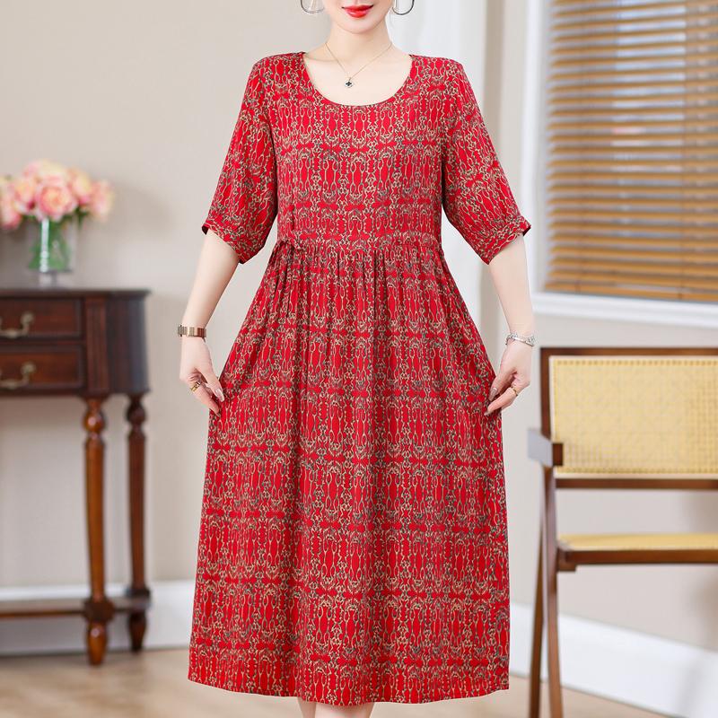 Casual Summer Women's Dresses  Plus Size Half Sleeve Vintage Print Long Dress Female