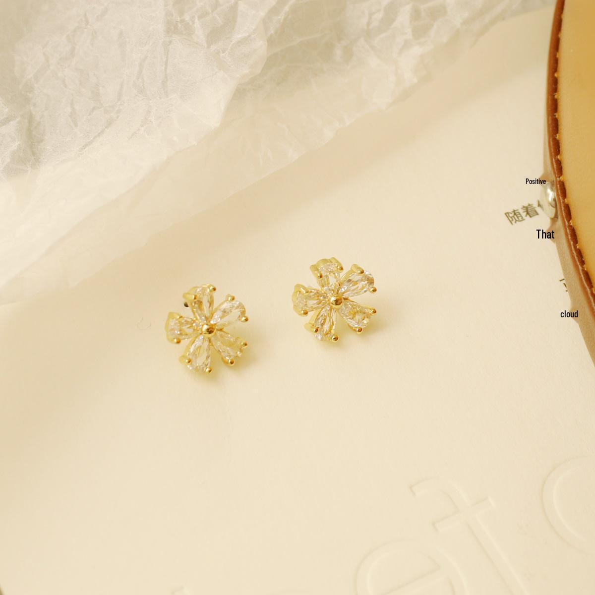 Versatile Zircon Inlaid Flower Stud Earrings for Women - Spring/Summer Light Luxury Fashion