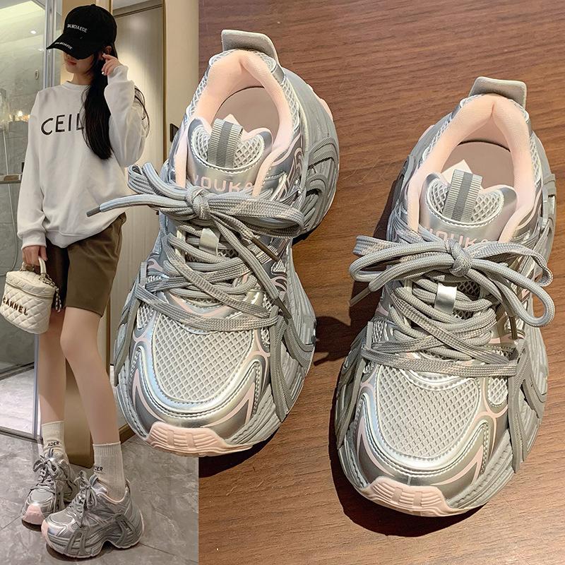 2025 early spring new casual platform women's shoes leather round head lace-up dad shoes women's height increase versatile women's single shoes