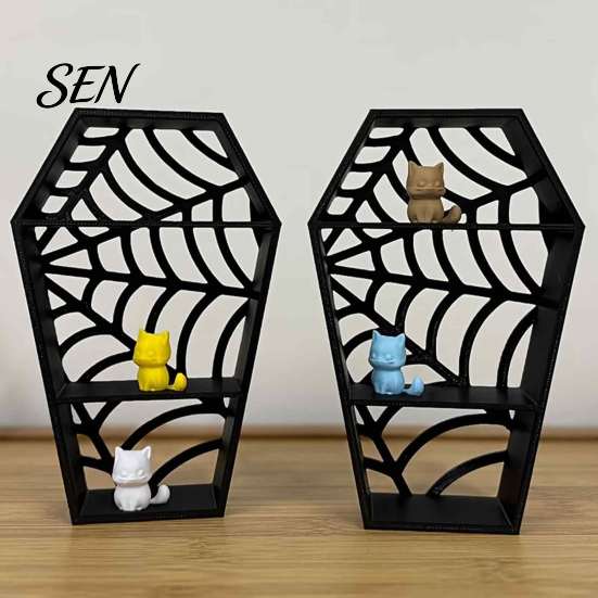 Schädel-Sammlungshalter Sargförmiges Spinnennetz-Display-Regal, 3D-gedruckter gotischer mehrstufiger Mini-Ständer Figur, Regal Halloween Schwarzes Hohlregal
