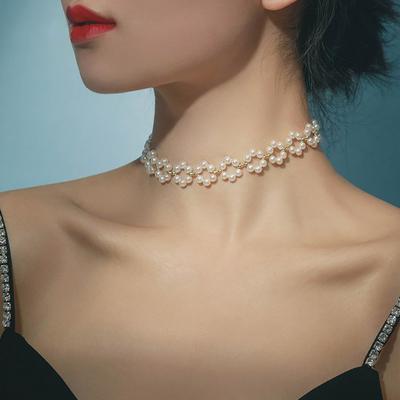 Faux Pearl Hollow Out Flower Shape Short Adjustable Extended Length Luxury Polished Lady Neck