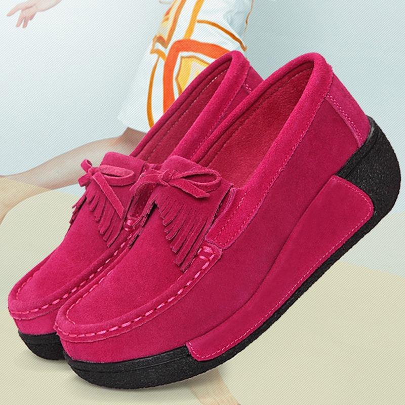 Fashion Casual women's shoes spring new thick-soled wedge-heeled shoes genuine leather rocking shoes tassel platform suede leather