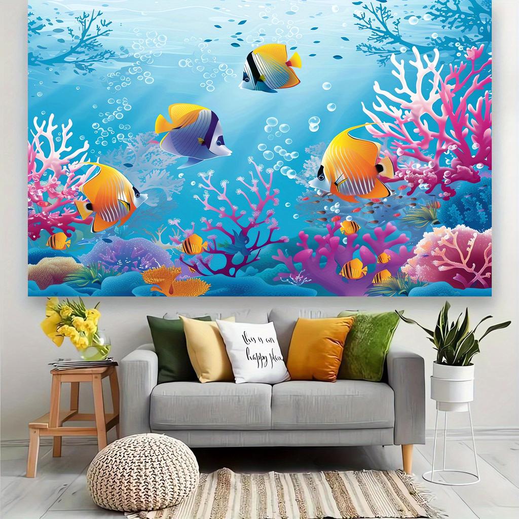 2D Plane, Background Fabric for the Underwater World - Tropical Fish and Coral Aquarium Scene, Polyester Fiber