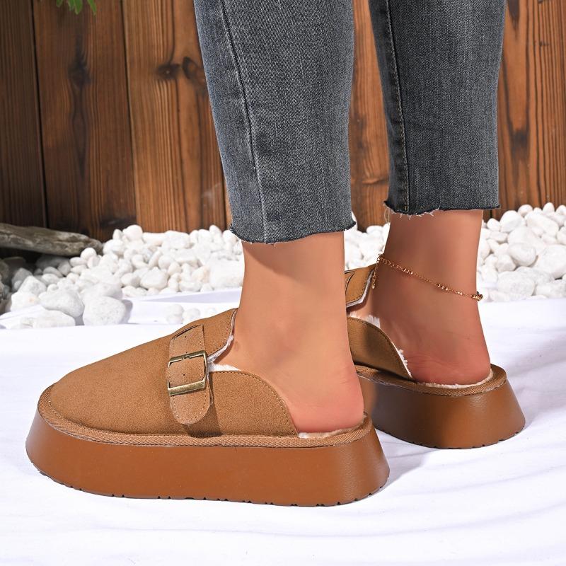 Nye vinterplysj tykksålede fluffy tøfler dame yttertøy beltespenne veskehode varm halvdrag bomullssko