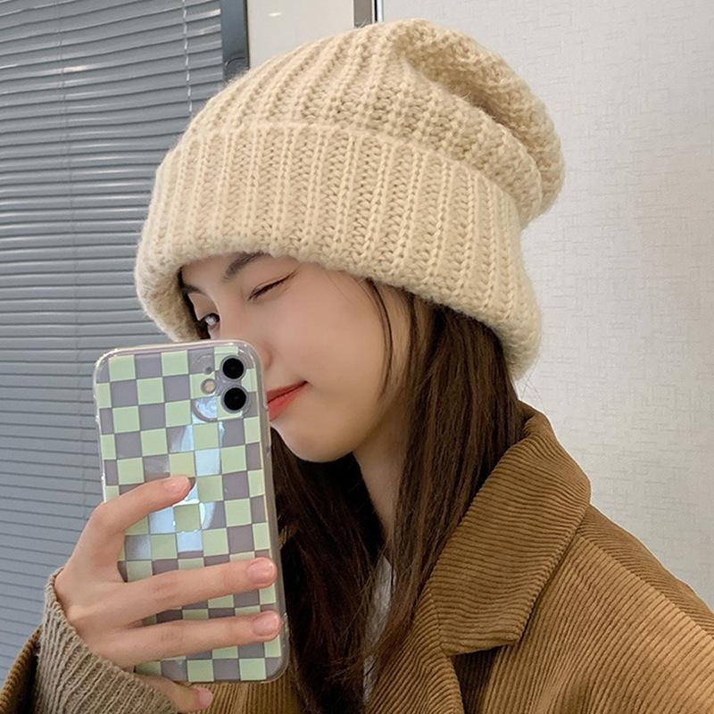 Winter Pile Hat for Women with Large Head Circumference Loose Hat Fashionable Warm and Cold Hat Versatile Woolen Knitted Hat