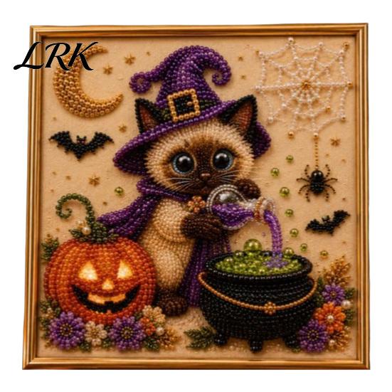 Halloween Home Decorations Witch Hat Cat DIY 3D Pearl Painting Kit with Frame, Hand-Pasted Art Craft for Adults, Relaxing Personalized Gifts