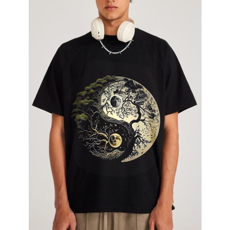 Black T Shirt Yin Yang Tree Moon Design Casual Streetwear For Men