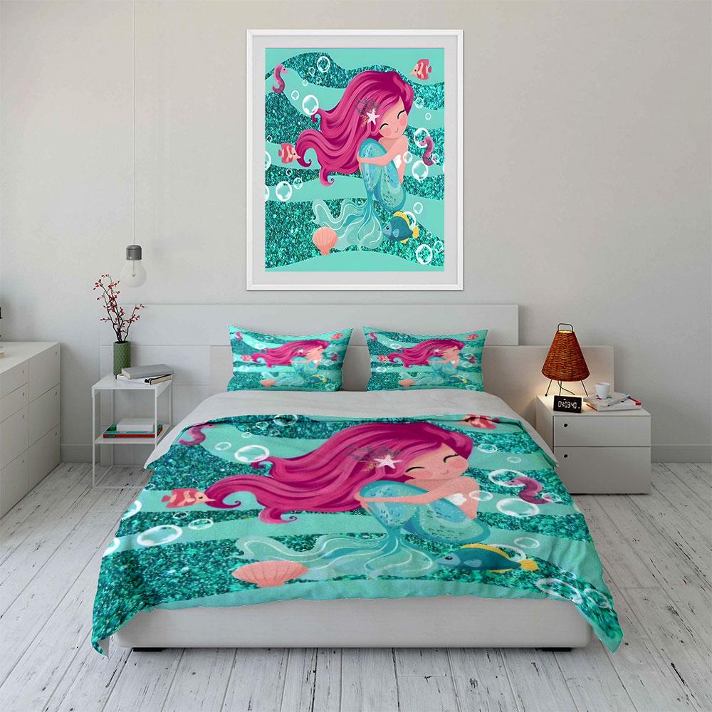 Mermaid Theme Decorative Set Bedding Set with 1 Duvet Cover 2 Pillowcases Single Double King Queen, Gift