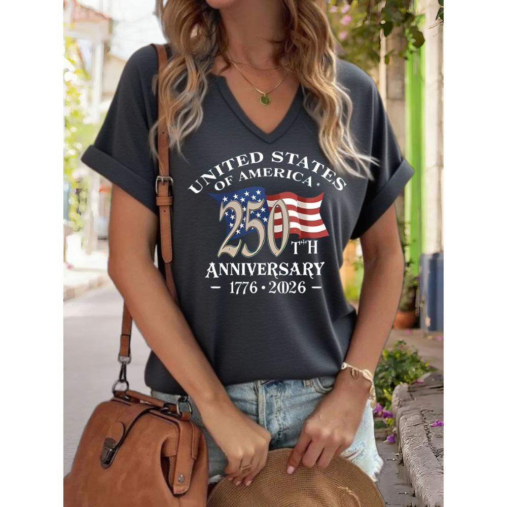 Women's V-Neck "USA 250th Anniversary 1776-2026" Graphic Tee, American Flag Print T-Shirt, Casual Patriotic Short Sleeve Top