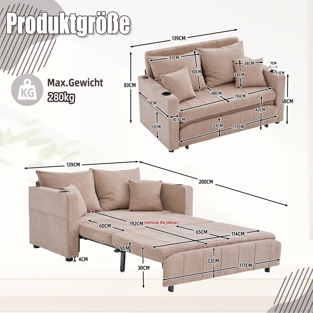 Multifunctional Fabric Sofa, Pull-Out Folding Sofa, with Storage Pockets on the Armrests, with USB Charging Function and Cup Holders (khaki, Chenille)