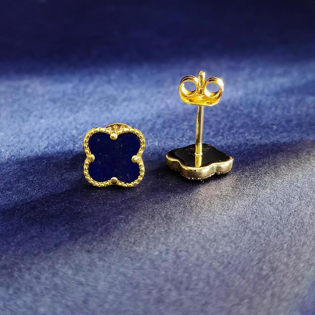 7MM Firkløver Øredobb Lapis lazuli 925 Sterlingsølv 14K Gull Øredobber