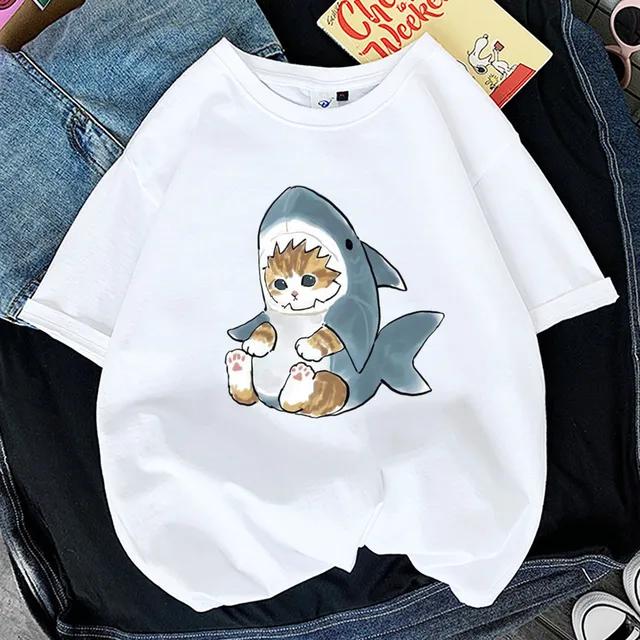 Kawaii Katt Damer Tryck Rolig T-shirt Flicka Djur Y2K Mode 90-tals Tryck Toppar Tee Gril Svart Vit Kläder,Drop Ship