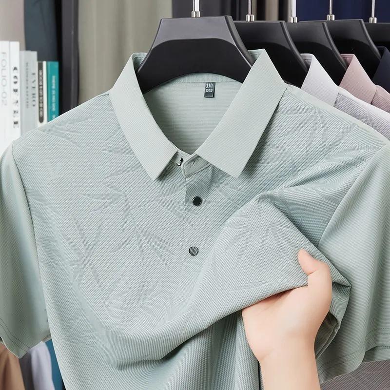 Men's Summer Grey Bamboo Leaf Print Polo Collar Short Sleeve Shirt