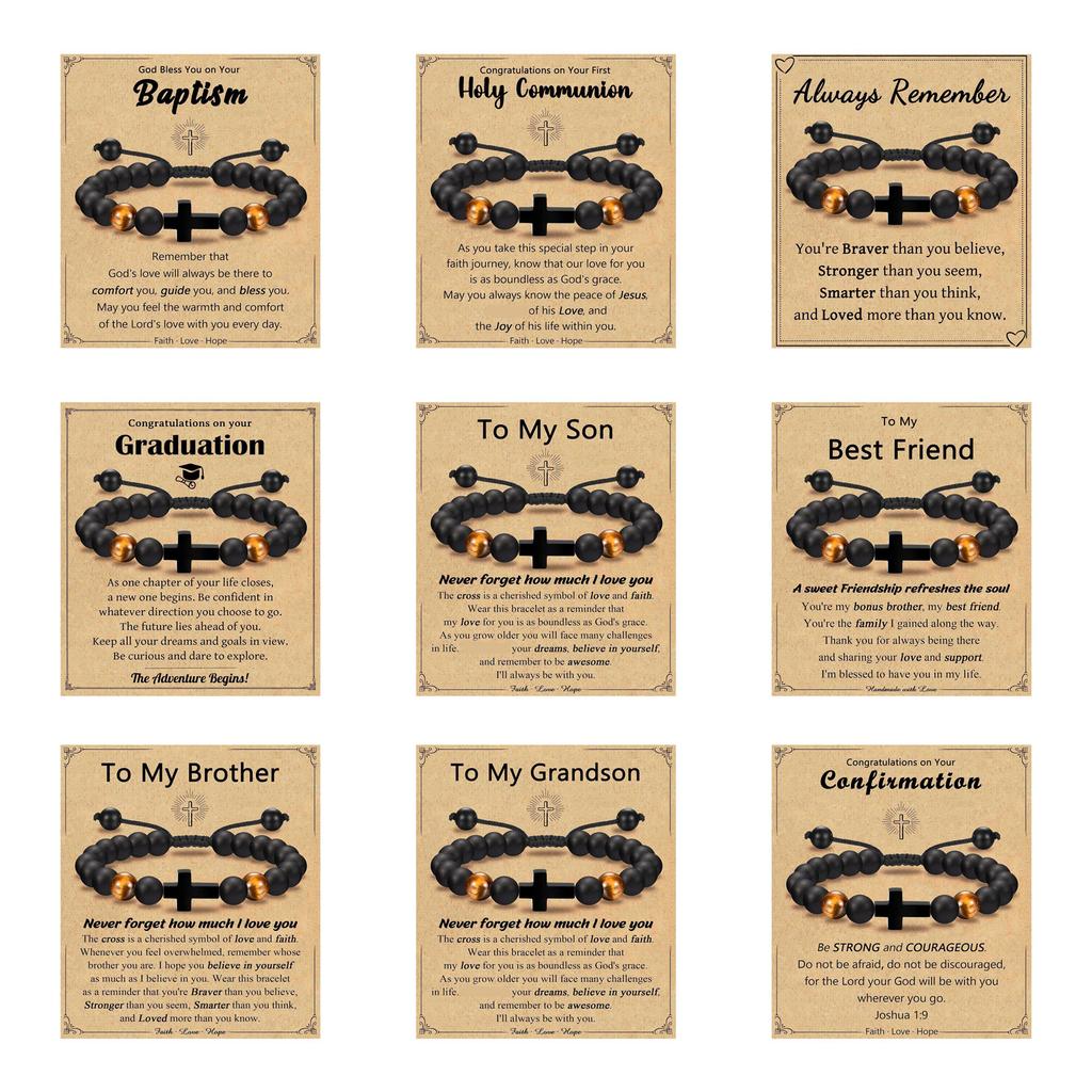 Adjustable Crosses Bead Bracelet for Boys Christening Confirmation Communion Gifts With Gifts Box Godson Son Grandson