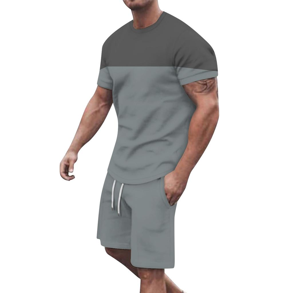 Men's Solid Color Shoulder Short Sleeved Shorts Breathable Men's Casual 2-piece Set