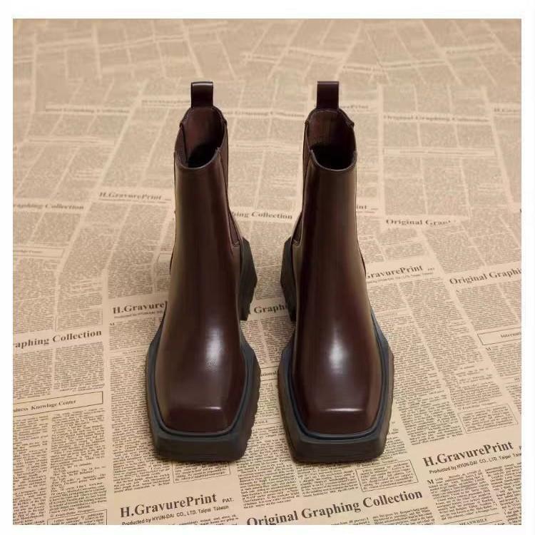 Square Martin Boots Women's British Smoke Boots Pu Thick Sole Heightening Thick Heel Chelsea Short Boots