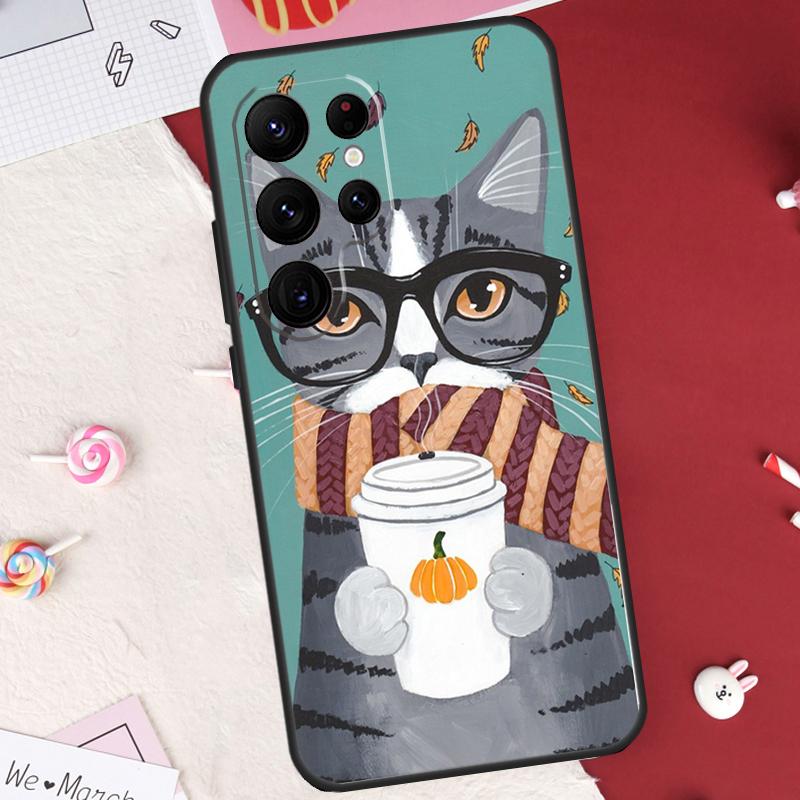 Cute Coffee Milk Cat Case For Samsung Galaxy S25 FE S23 FE S20 S21 S22 S24 S25 S26 Ultra S10 S25 Plus Cover Shell