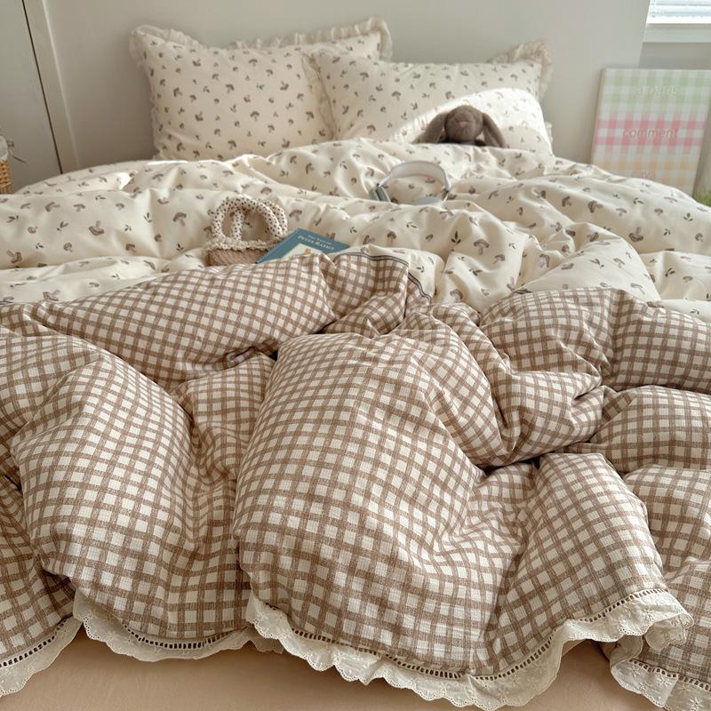 Bedding Set Four-piece Set Princess Wind Seersucker Washed Skin-friendly Breathable Comfortable Bed Sheet Quilt Cover Pillowcase