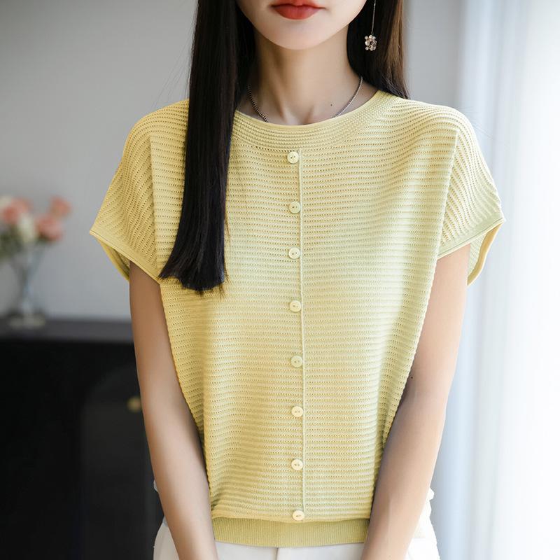 Sommar Ny Rund Hals Kortärmad Stickad Tröja T-shirt Topp och Baslager
