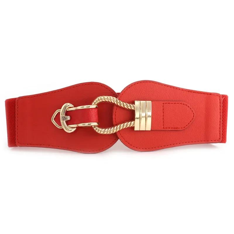 

New PU Leather Cummerbunds Ladies Dress Sweater Stretchy Belts Fashion Elastic Waist Belt Women Wide Waistband Luxury Big Buckle 70cm красный