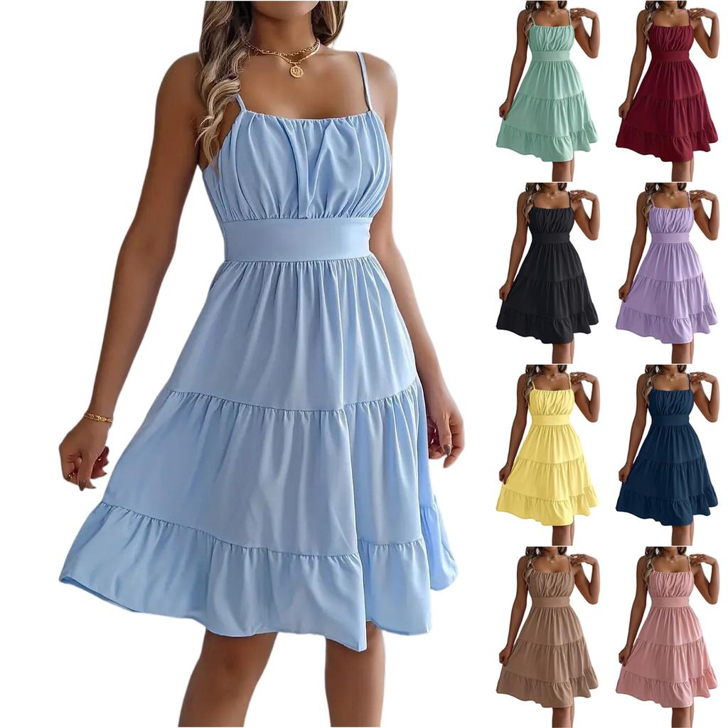 Women's Fashionable Solid Color Square Neck Sleeveless Camisole Layered Pleated Dress
