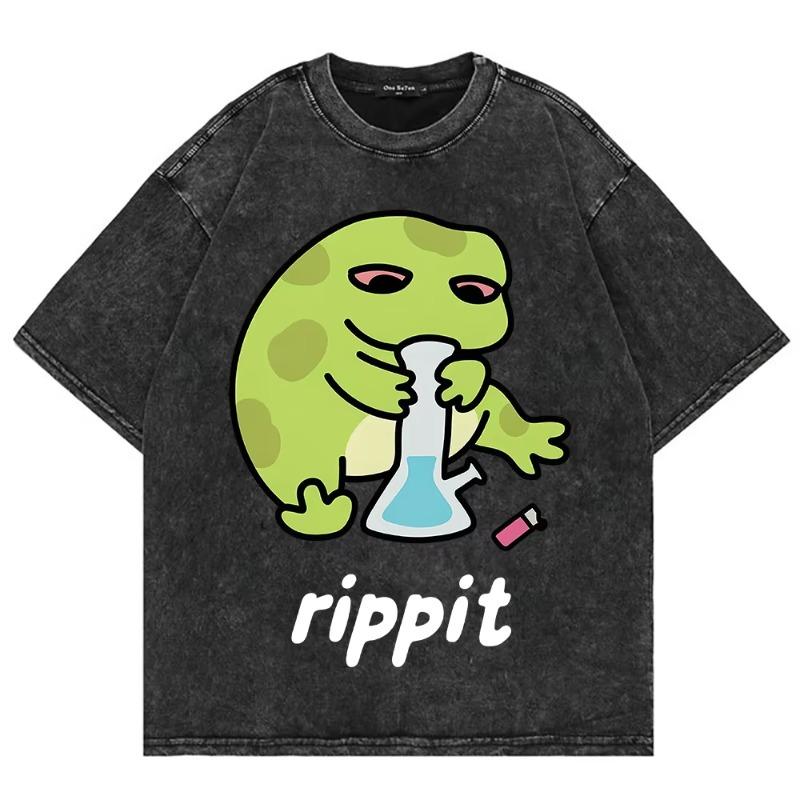 100% Cotton Vintage Washed Y2K Funny Rippit T Shirt Fashion Men/Women Aesthetic Retro Frog Oversize Loose Wash Tees Shirts