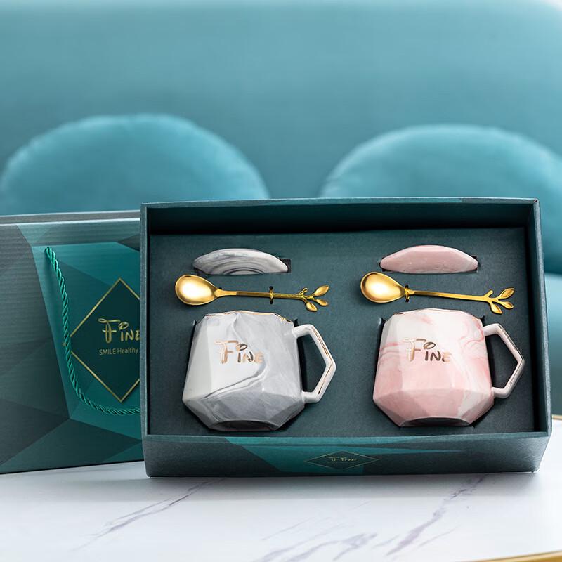 Nordic Ceramic Diamond Couple Mug Gift Set with Lids & Spoons