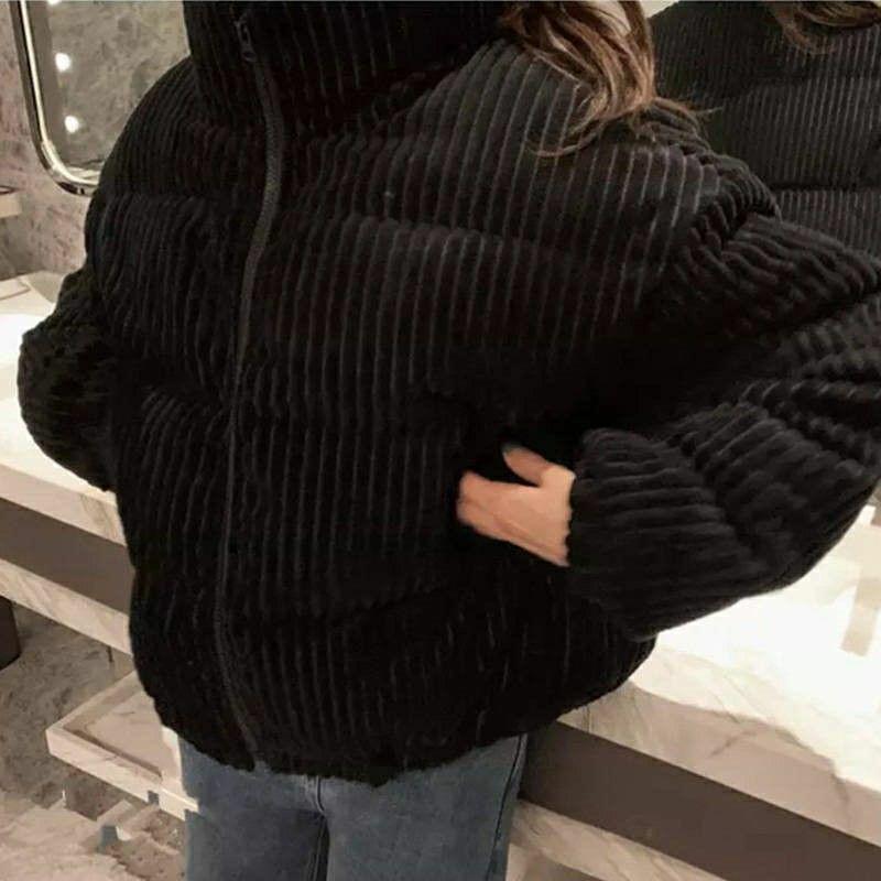 Women's Short Korean Style Corduroy Cotton Puffer Jacket - Loose, Thickened Winter Outerwear, Petite Trendy Design
