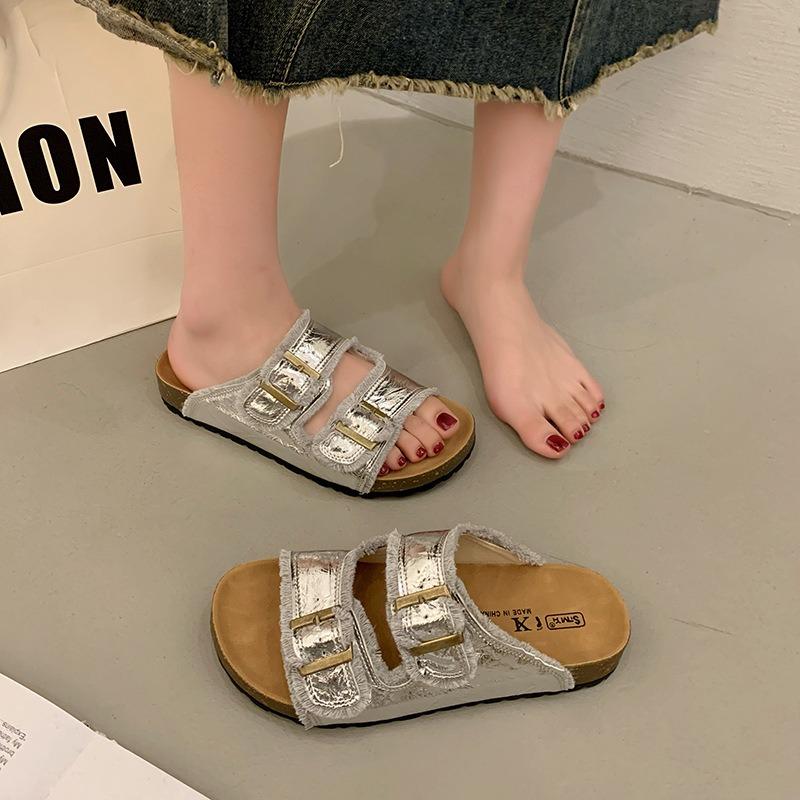 Fashion buckle one-word drag women's summer new versatile cool slippers lightweight muffin slippers